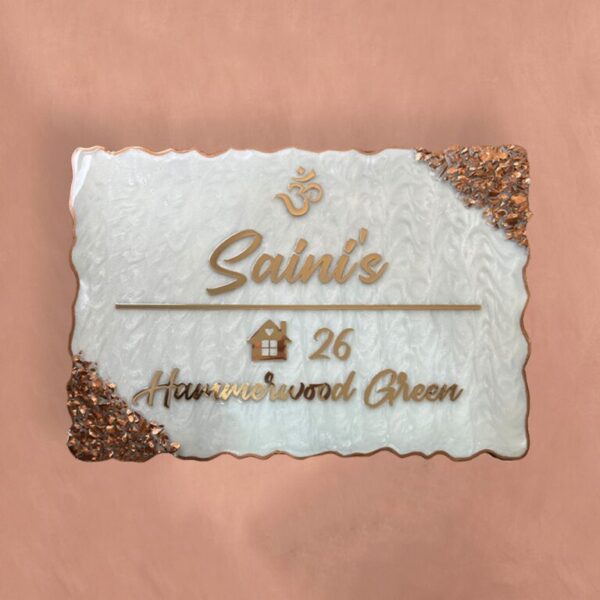 Pearl White Swirl Design Rose Gold Resin Nameplate 768x768