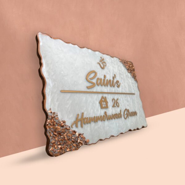 Pearl White Swirl Design Rose Gold Resin Nameplateq