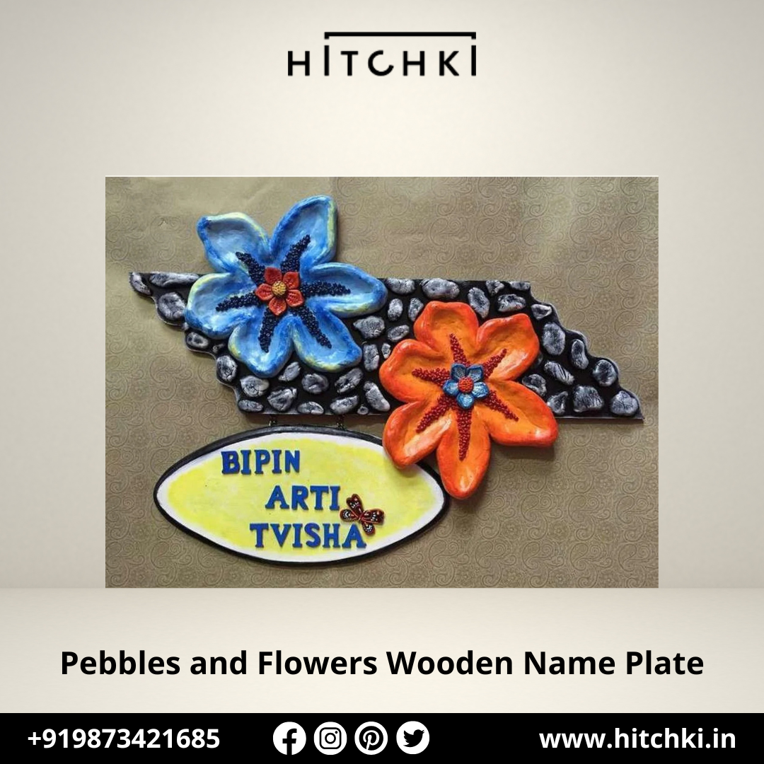 Pebbles and Flowers Wooden Name Plate A Touch of Nature for Your Home Entrance