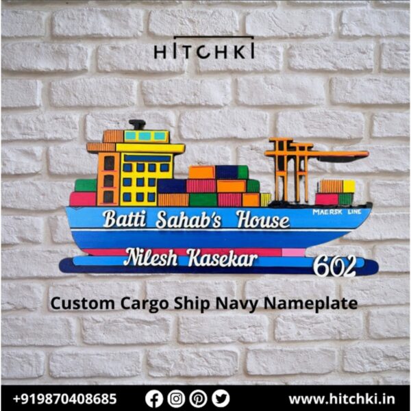 Set Sail with Our Custom Cargo Ship Navy Nameplate