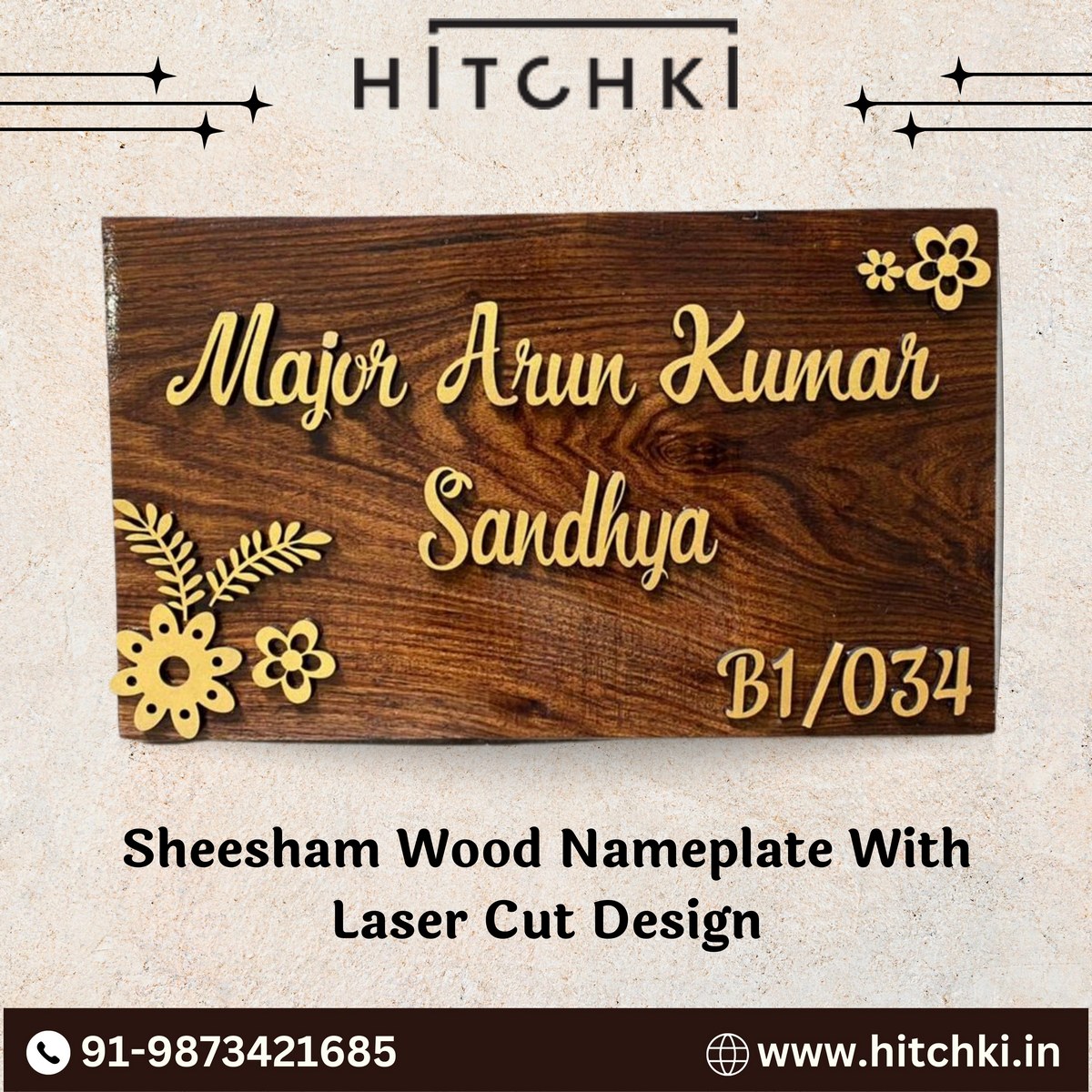 Sheesham Wood Laser Cut Design Nameplate Timeless Elegant