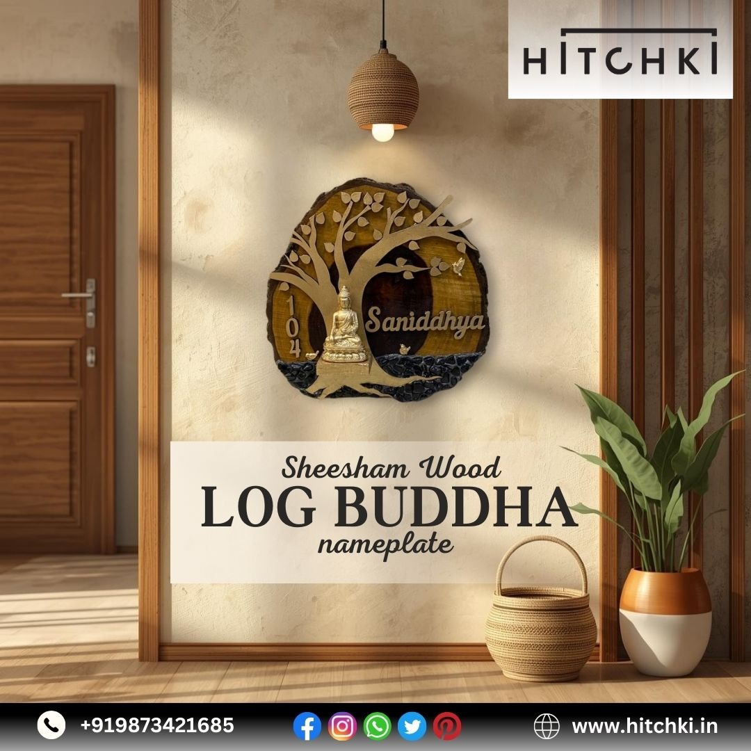 Sheesham Wood Log Buddha Nameplate Hitchki