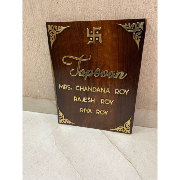 Sheesham Wood Nameplate with Brass Letters and Corners 2