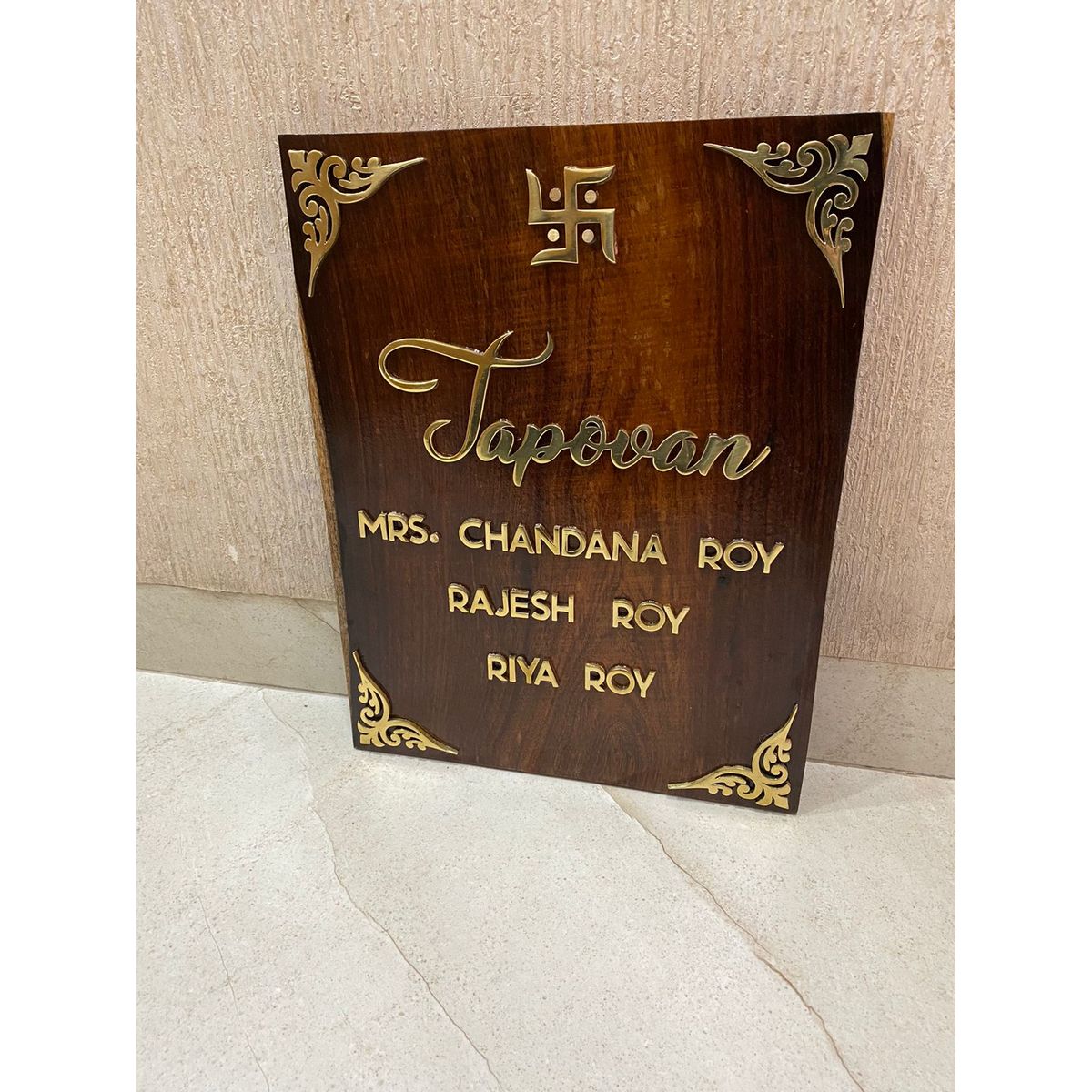 Sheesham Wood Nameplate with Brass Letters and Corners  