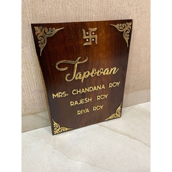 Sheesham Wood Nameplate with Brass Letters and Corners 3