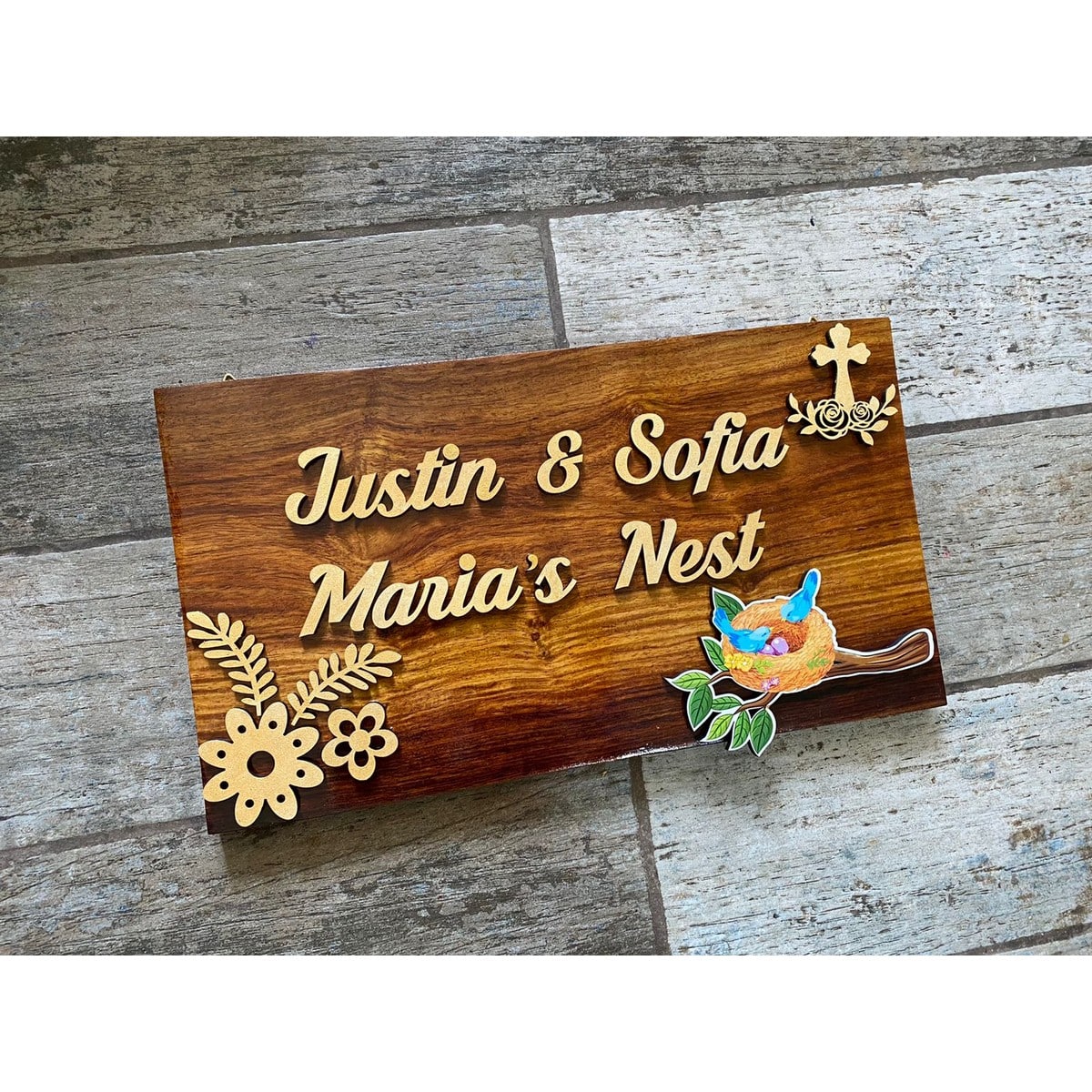 Sheesham Wood Nest Nameplate For Christian Family | HITCHKI