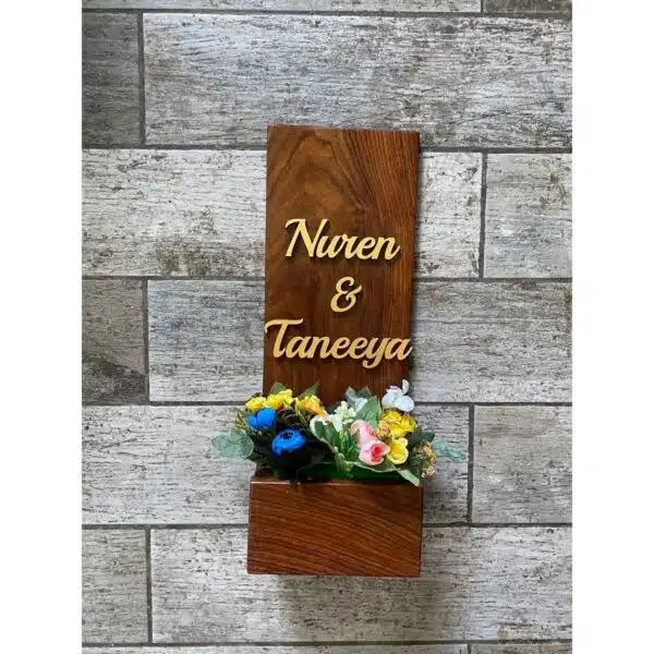 Sheesham Wood Vertical Nameplate With Flower Basket6