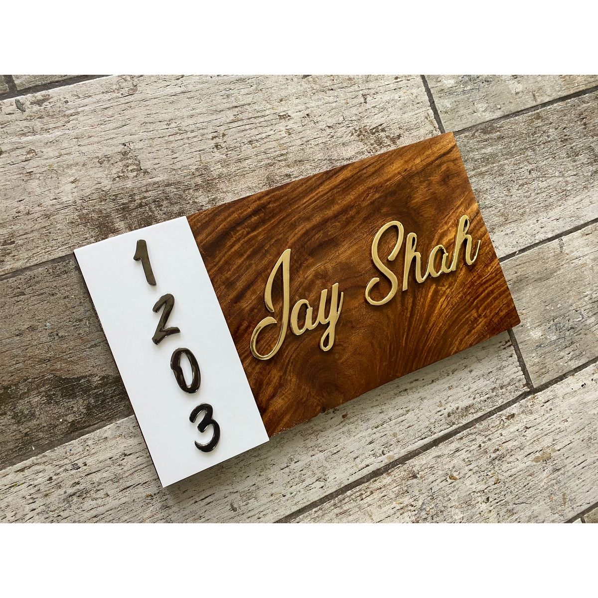 Sheesham Wood and Acrylic Nameplate with Brass Letters  