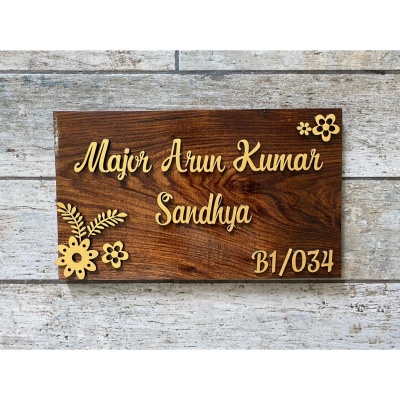 Sheesham wood nameplate with laser cut design 400x400