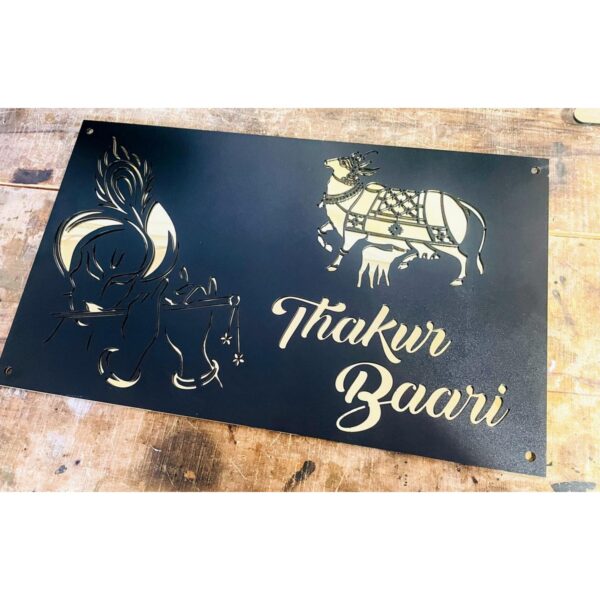 Shree Krishan Design Laser Cut Metal House Nameplate Black and Golden1