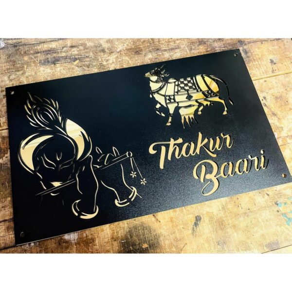 Shree Krishan Design Laser Cut Metal House Nameplate Black and Golden2