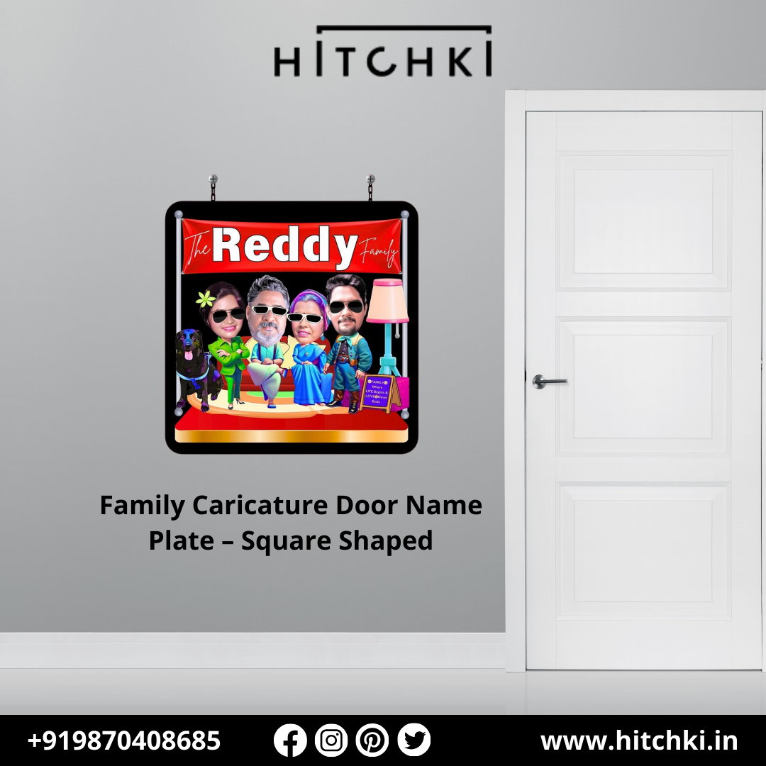 Square Shaped Family Caricature Name Plate – A Unique Welcome to Your Home