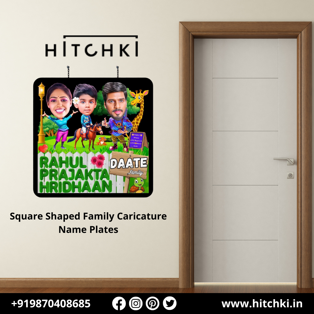 Square Shaped Family Caricature Name Plates – Add a Personal Touch to Your Home