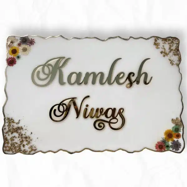 Stylish Resin Casting White Nameplate With Pressed Flowers and Flakes