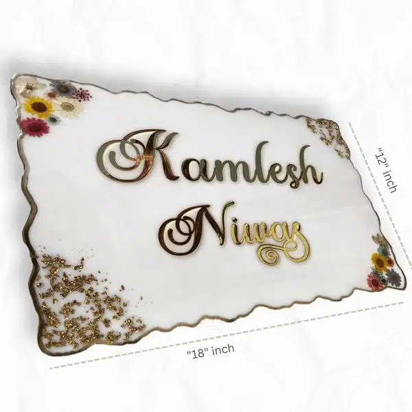 Stylish Resin Casting White Nameplate With Pressed Flowers and Flakes2