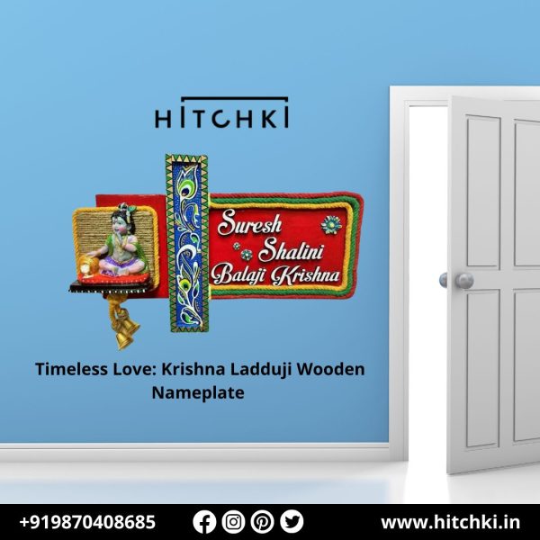 Timeless Love Krishna Ladduji Wooden Nameplate