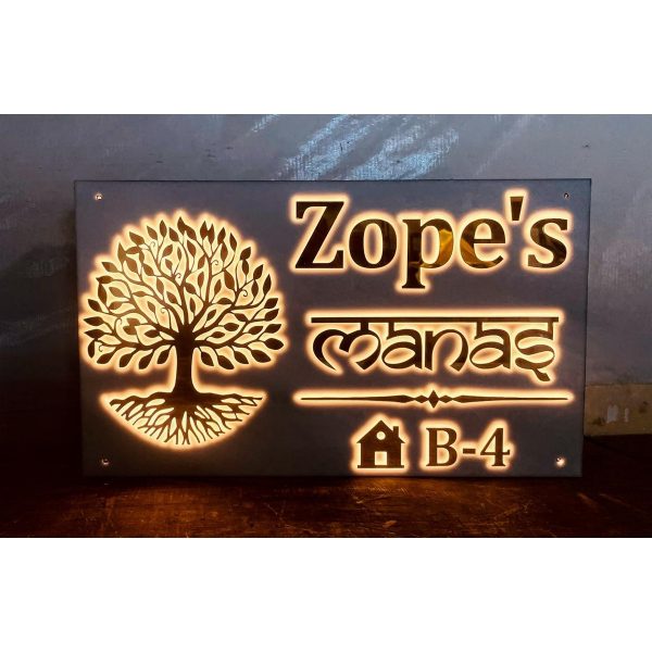 Tree Design Golden Embossed Letters Acrylic LED House Name Plate (2)