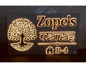 Tree Design Golden Embossed Letters Acrylic LED House Name Plate