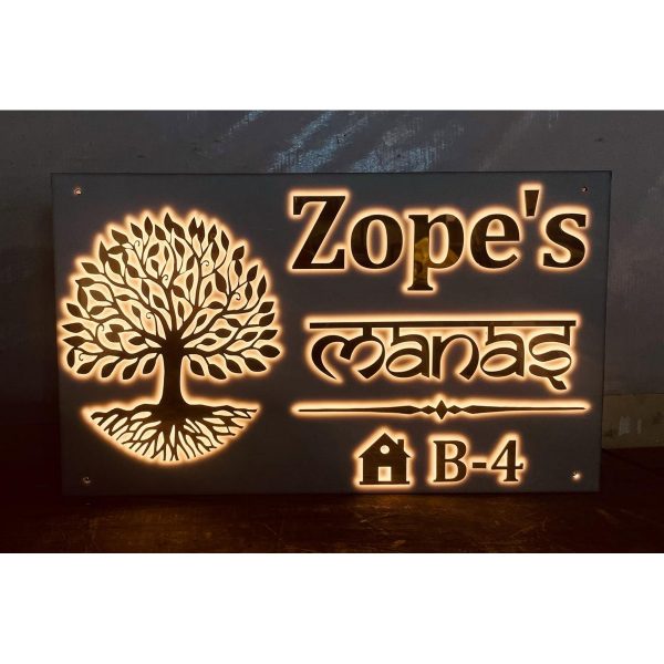 Tree Design Golden Embossed Letters Acrylic LED House Name Plate