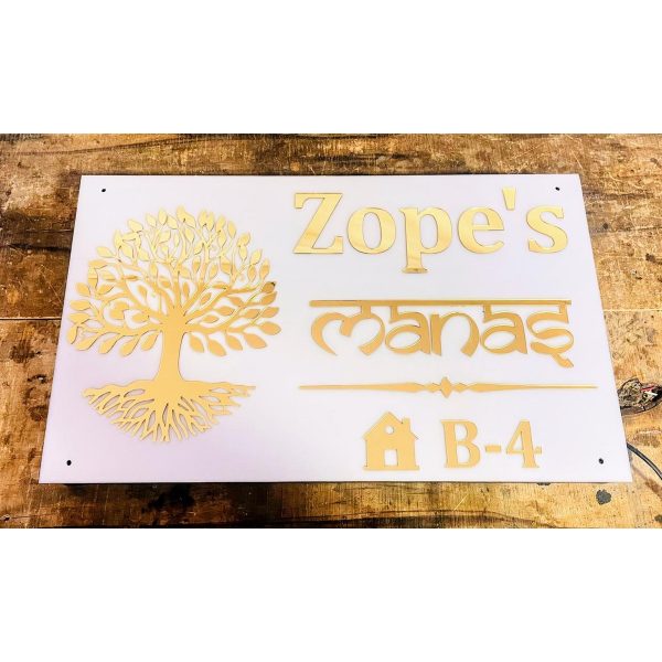 Tree Design Golden Embossed Letters Acrylic LED House Name Plate4