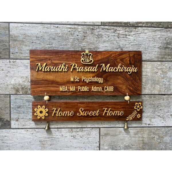 Two tier Sheesham wood nameplate with laser cut names 600x600