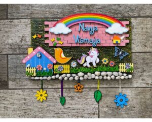 Unicorn And Rainbow Theme Kids Name Plate 1