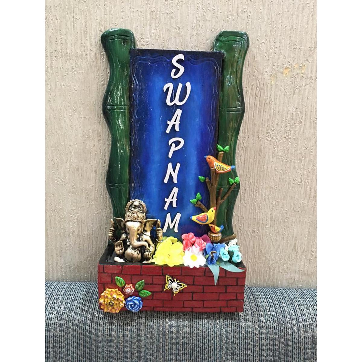 Vertical Bamboo With Ganesha Wooden Nameplate  