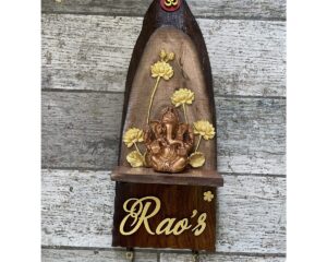 Vertical Neem Wood Log Ganesha Name Plate 1