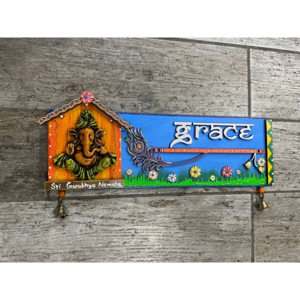 Welcome Positive Energy with Our Ganesha Nameplate with Feather and Flute (2)