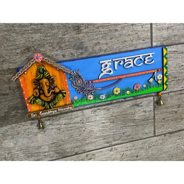 Welcome Positive Energy with Our Ganesha Nameplate with Feather and Flute (3)