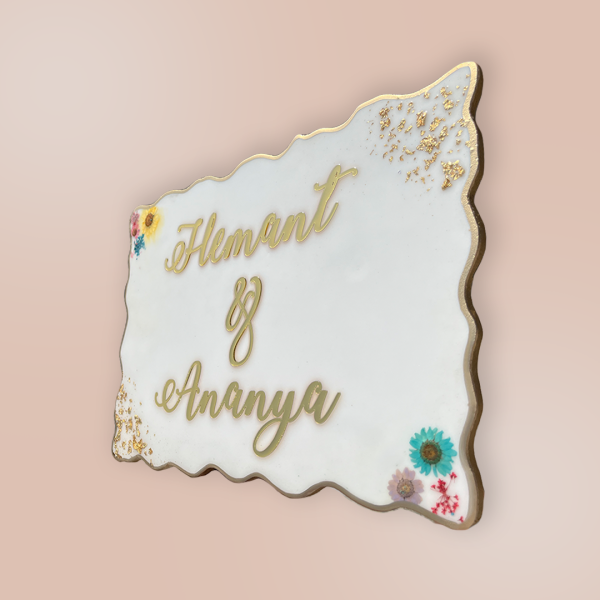 White Nameplate with Pressed Flowers and Flakes 1