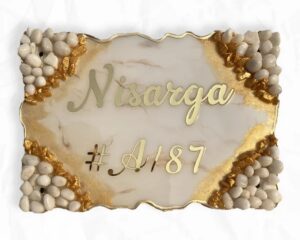 White and Orange Theme Decorated with Pebbles Resin Nameplate