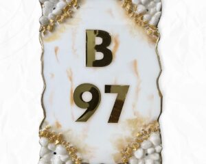 White and Orange Themed Decorated with Pebbles Resin Nameplate