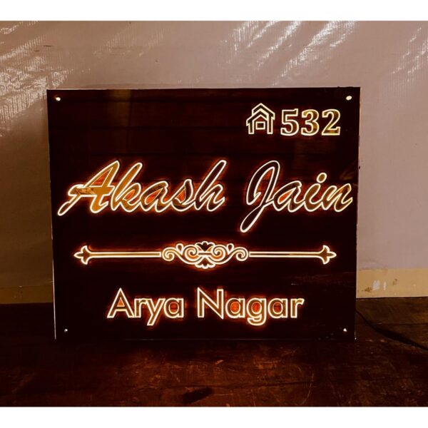 Wooden Finish Golden Embossed Letters Acrylic LED Name Plate