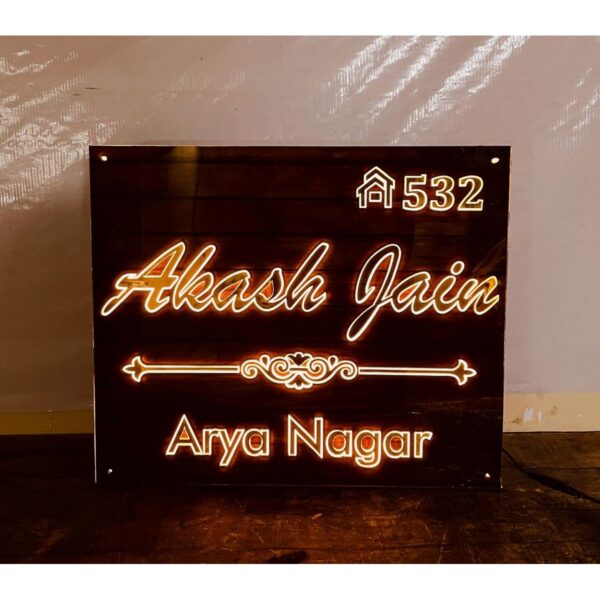 Wooden Finish Golden Embossed Letters Acrylic LED Name Plate5