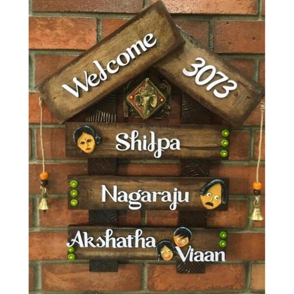 Wooden Hut Family Name Plate With Faces