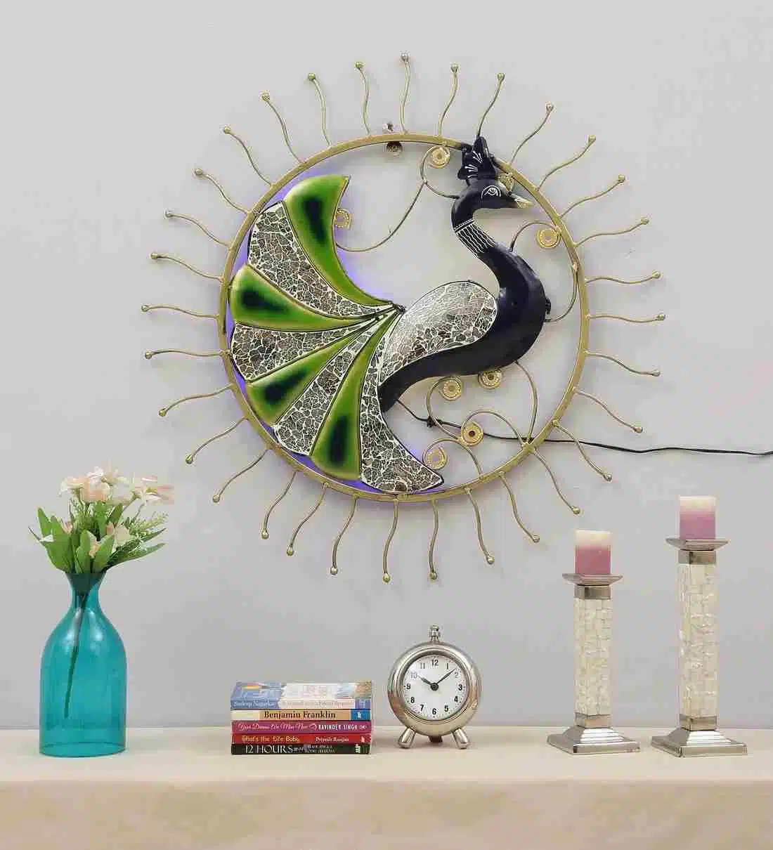 The Bombay Store Wooden Handpainted Round Peacock Wall Clock
